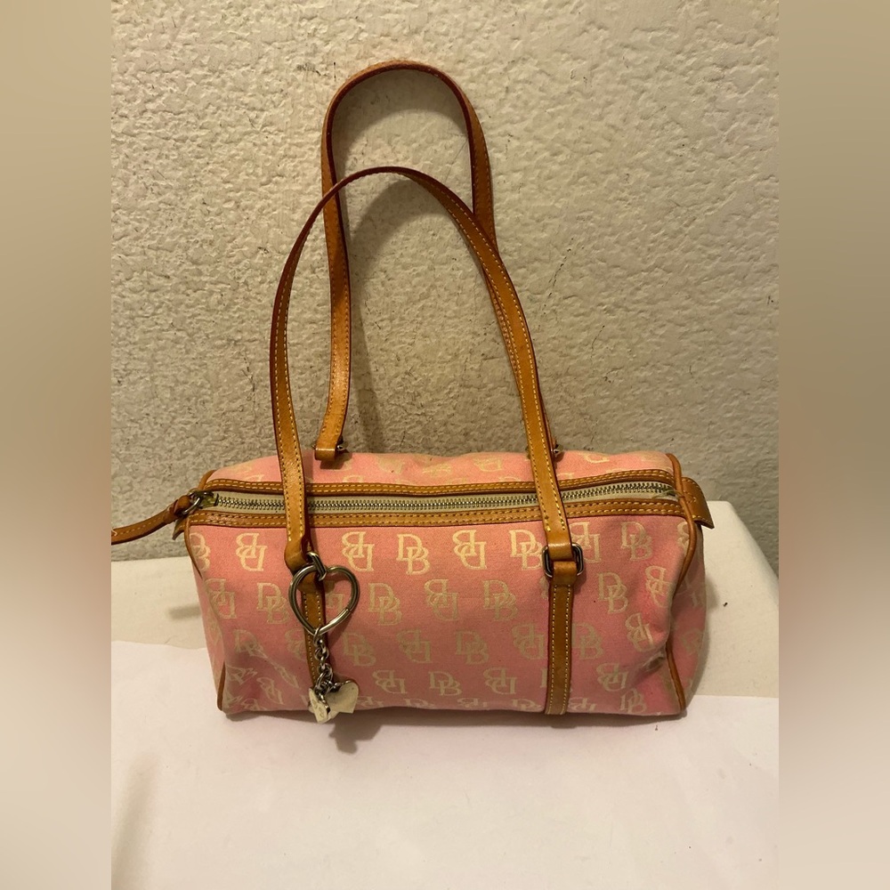 Dooney & Bourke Pink Logo Canvas Shoulder Bag with Tan Leather Trim